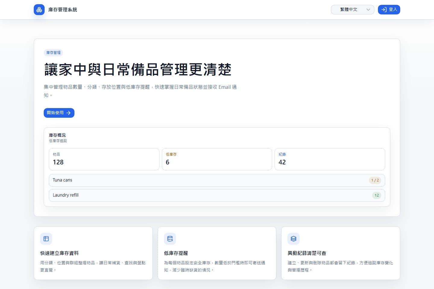 庫存管理系統首頁與示意庫存概況